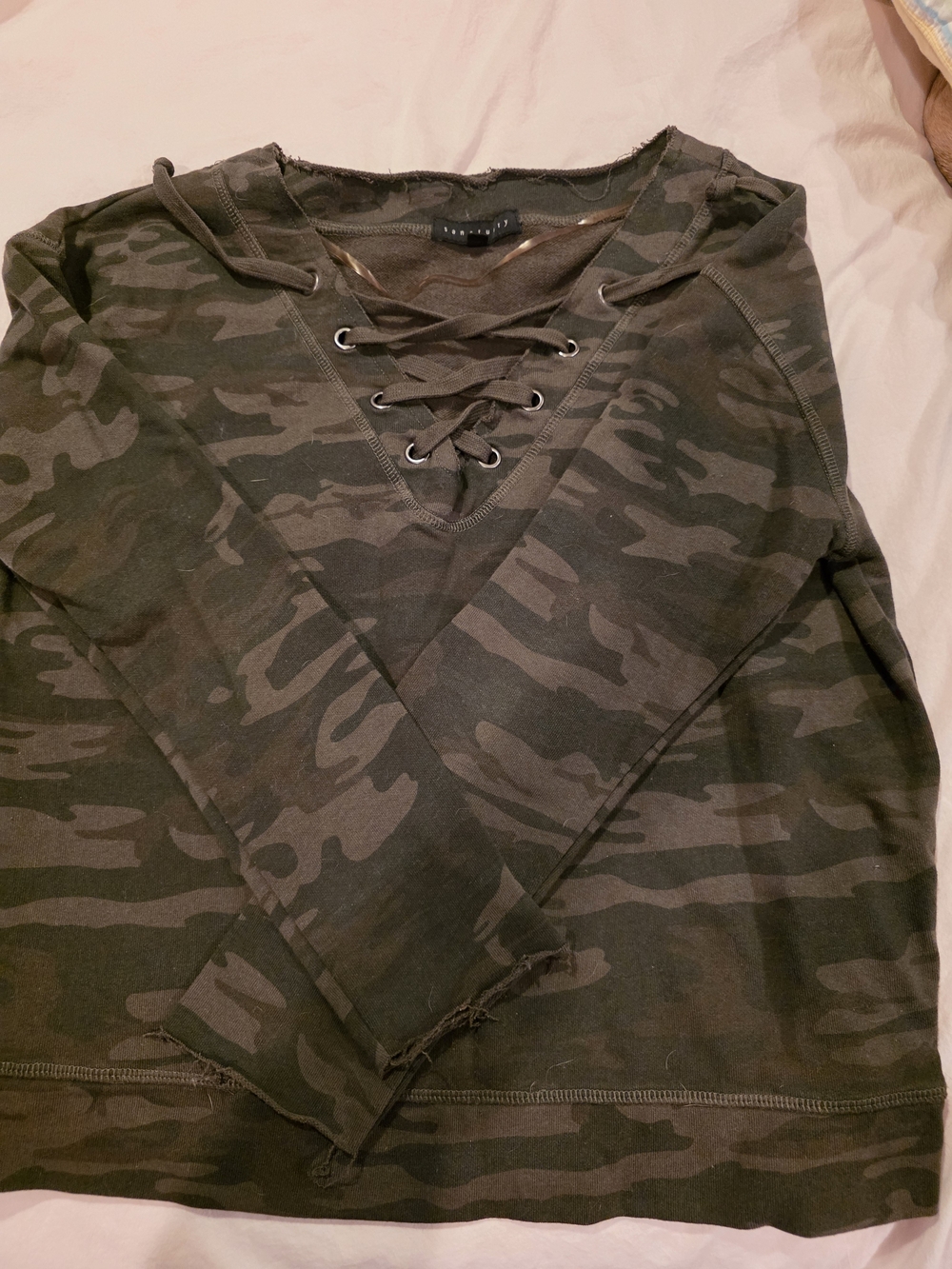 Sanctuary Olive Green Camo Lace-Up V-Neck Sweatshirt